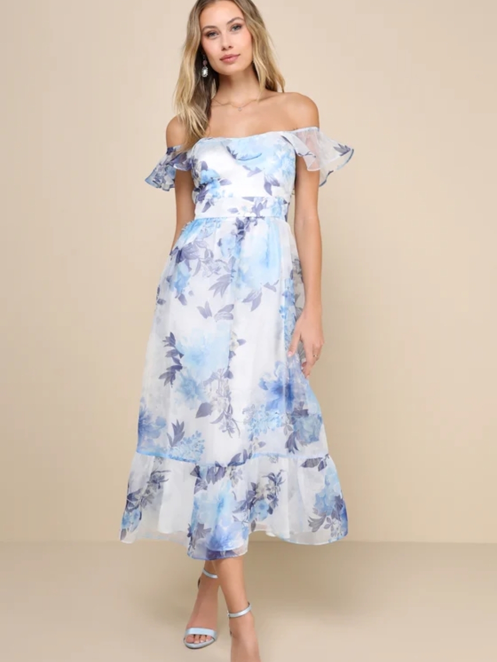 Lulus Sweet Composure White Floral Organza Off-the-Shoulder Midi Dress Size Lg